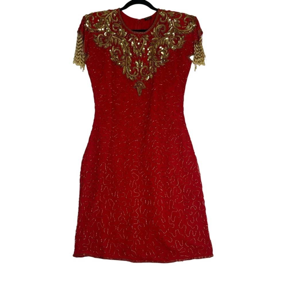 Vintage Party Dress Red Silk Beaded Dress with‎ Gold Embellishments Small
